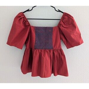 Red Puff Sleeve Smocked Peplum Blouse - Women's